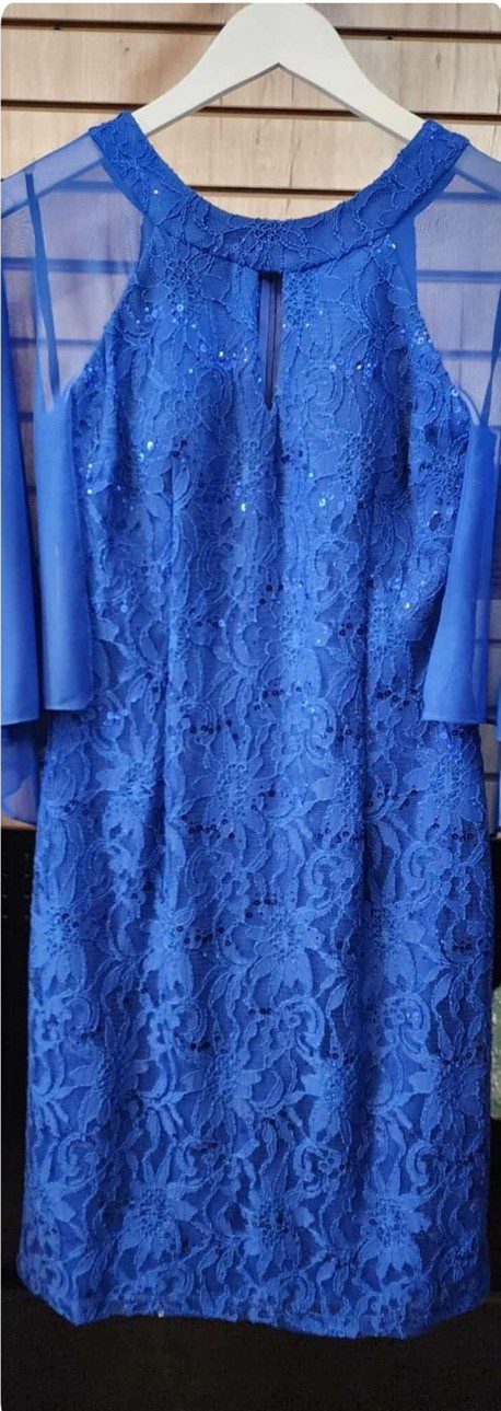 Blue lace dress with long sleeves.