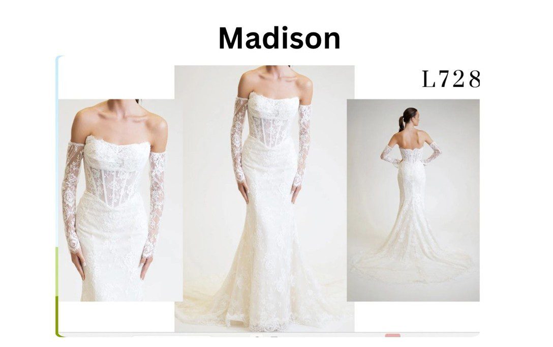 Three elegant white wedding dresses named Madison, styled with lace and fitted designs.