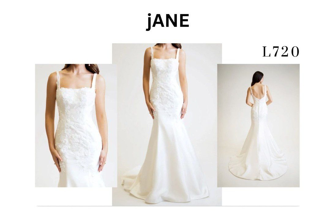 Elegant white lace wedding dress with square neckline and fitted silhouette.