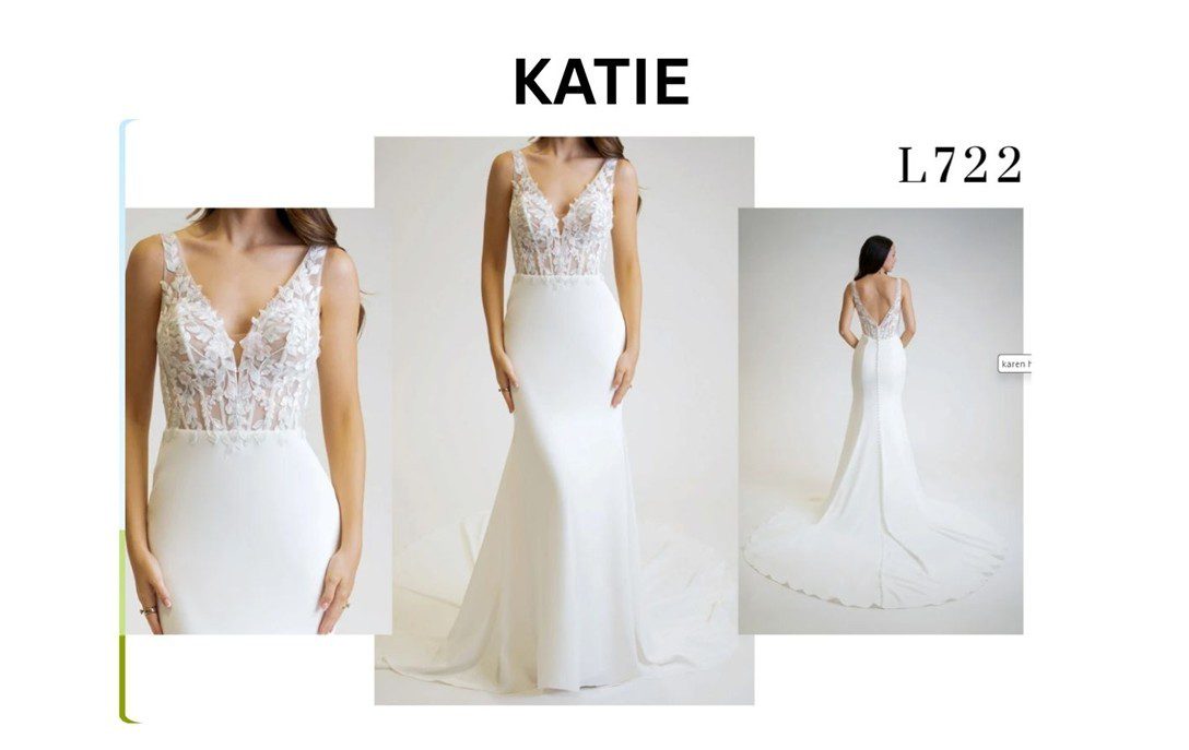 Elegant white bridal gown with lace details and a fitted silhouette.