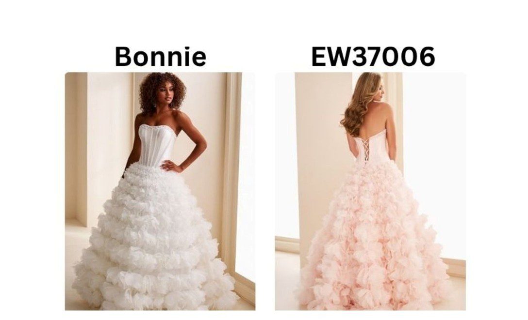 Two elegant wedding dresses with layered ruffle skirts and strapless bodices.