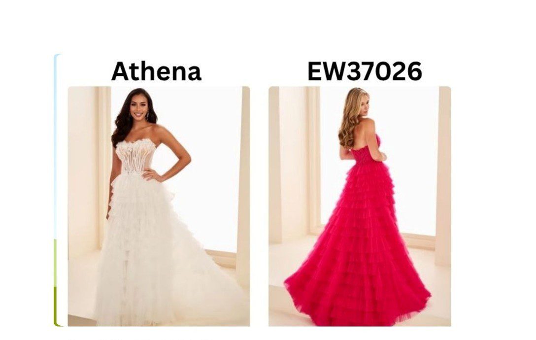 Two women modeling elegant wedding dresses, one in white and one in red.