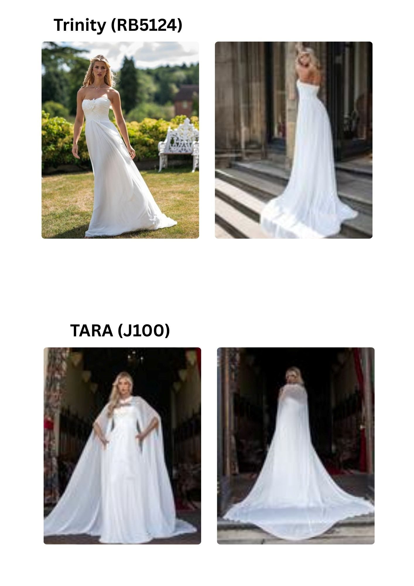Elegant bridal gowns with long trains and intricate designs.