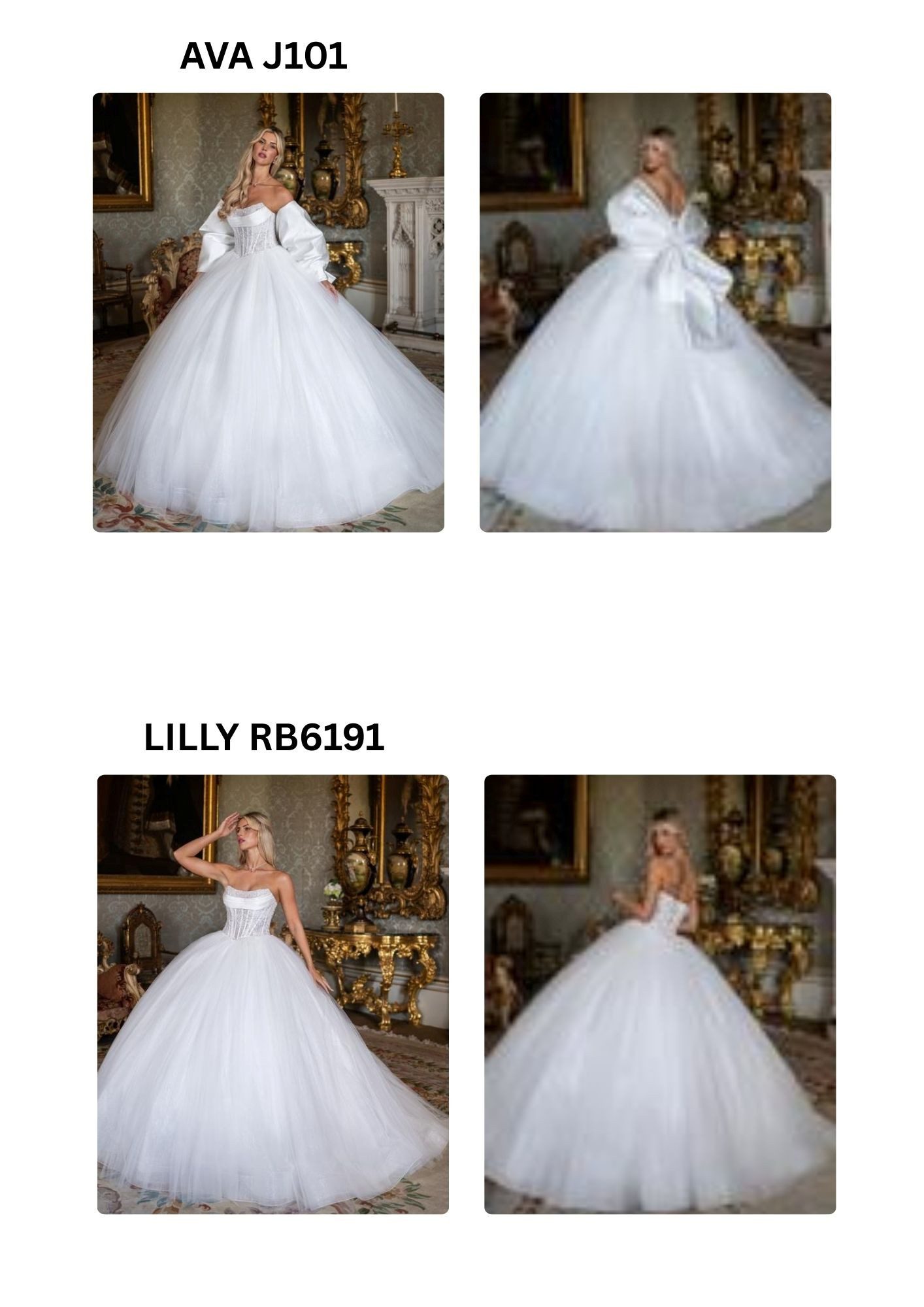Elegant white bridal gown with voluminous skirt and intricate bodice details.