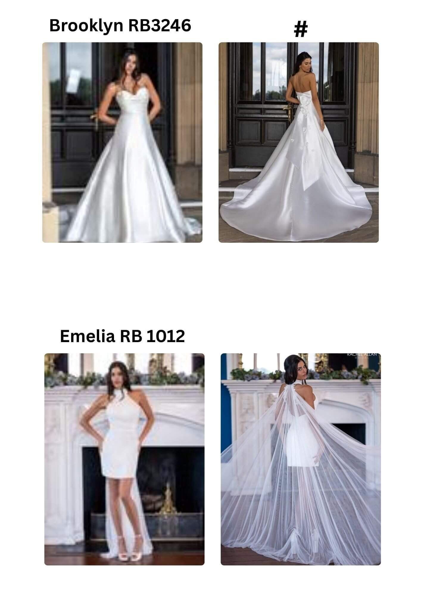 Two elegant white dresses: a ball gown and a fitted dress with a sheer skirt overlay.