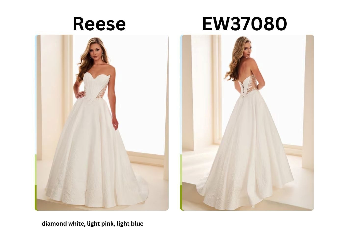 Elegant bridal gown with a deep V-neck and voluminous skirt.