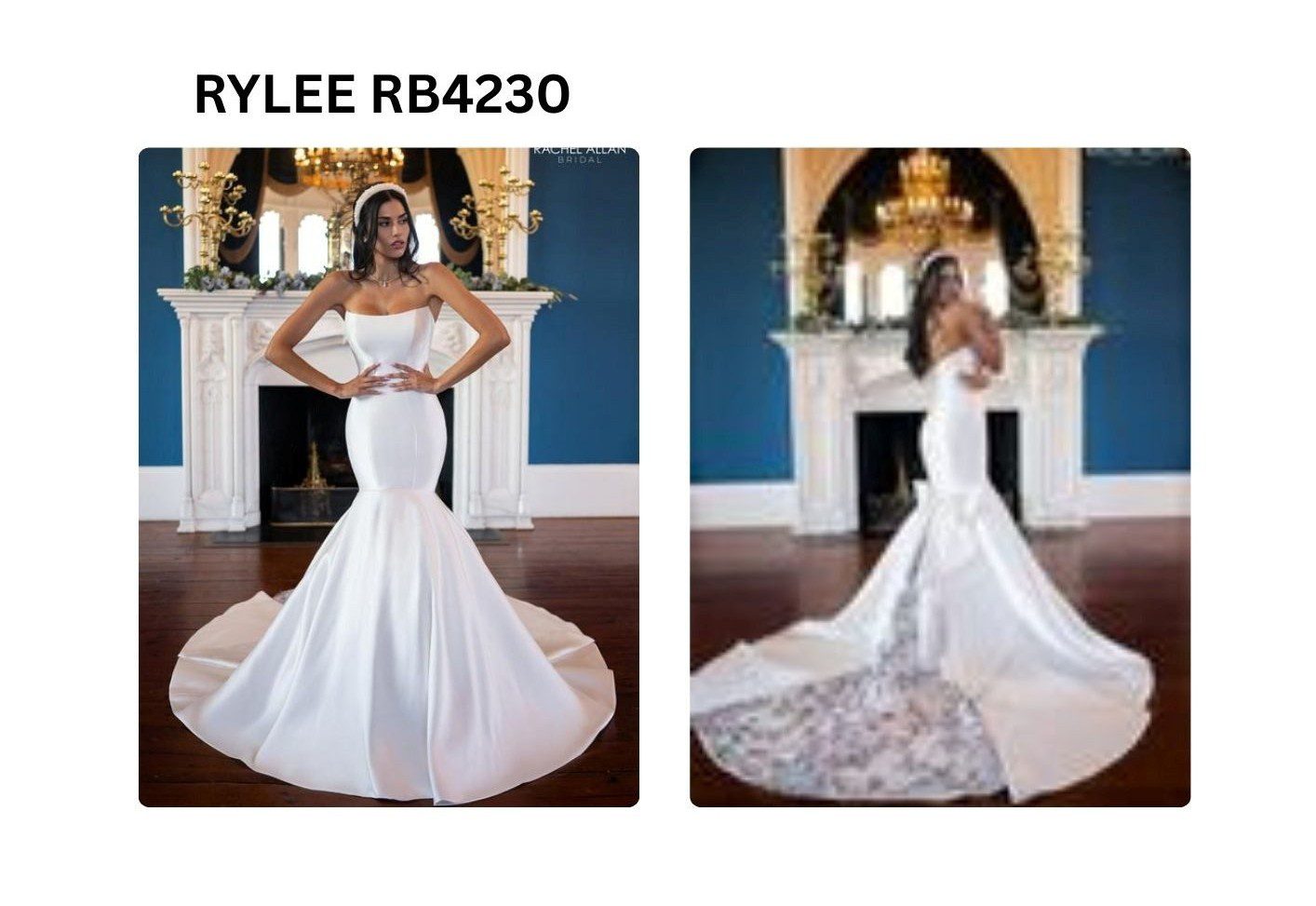 Elegant off-shoulder mermaid wedding dress with flared train and floral lace details.