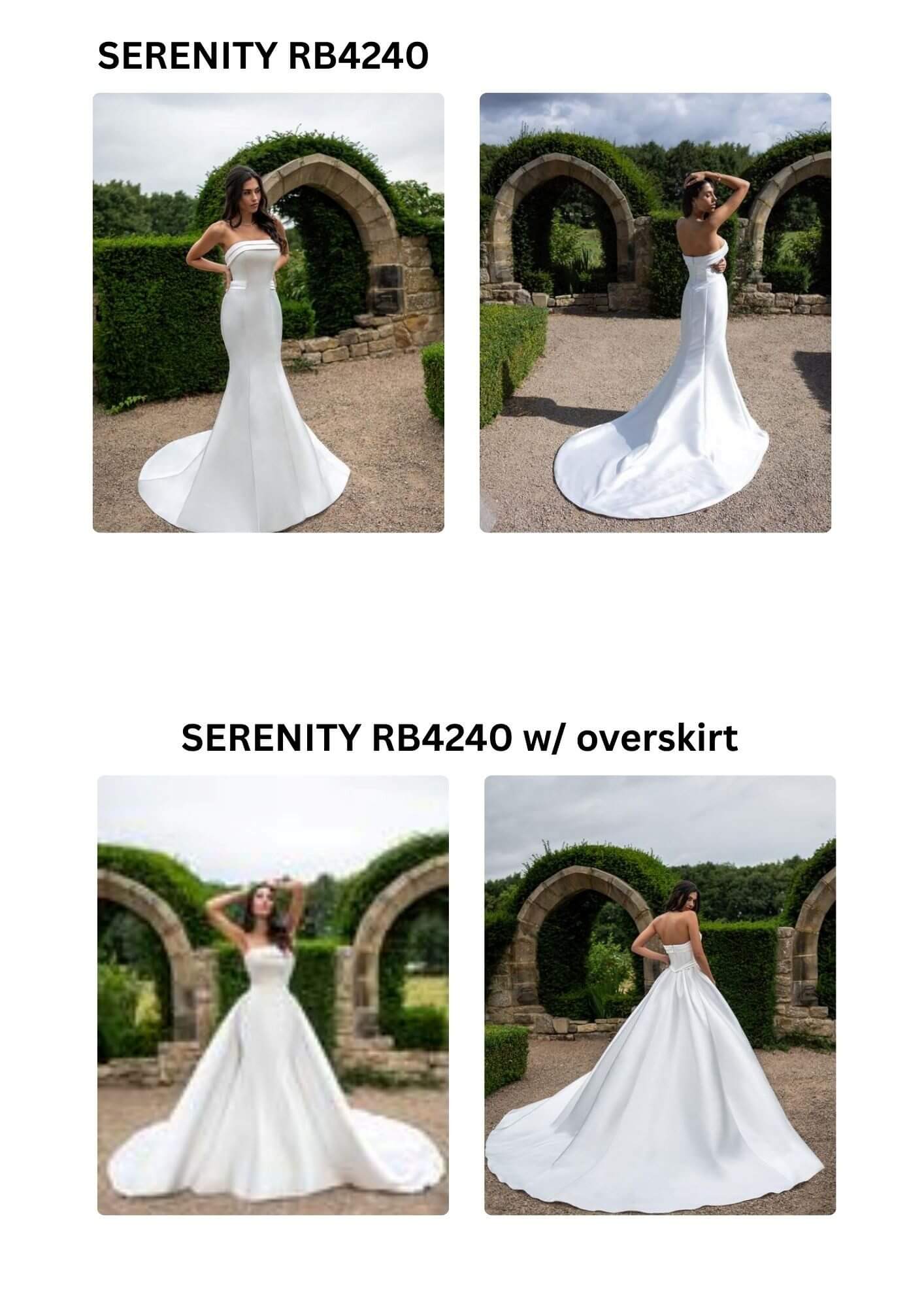 Wedding dress with overskirt and detailed back design in outdoor garden setting.