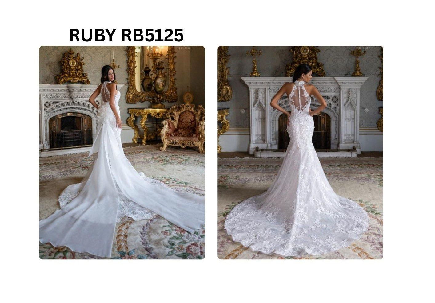 Elegant bridal gown with intricate lace and long train in luxurious settings.