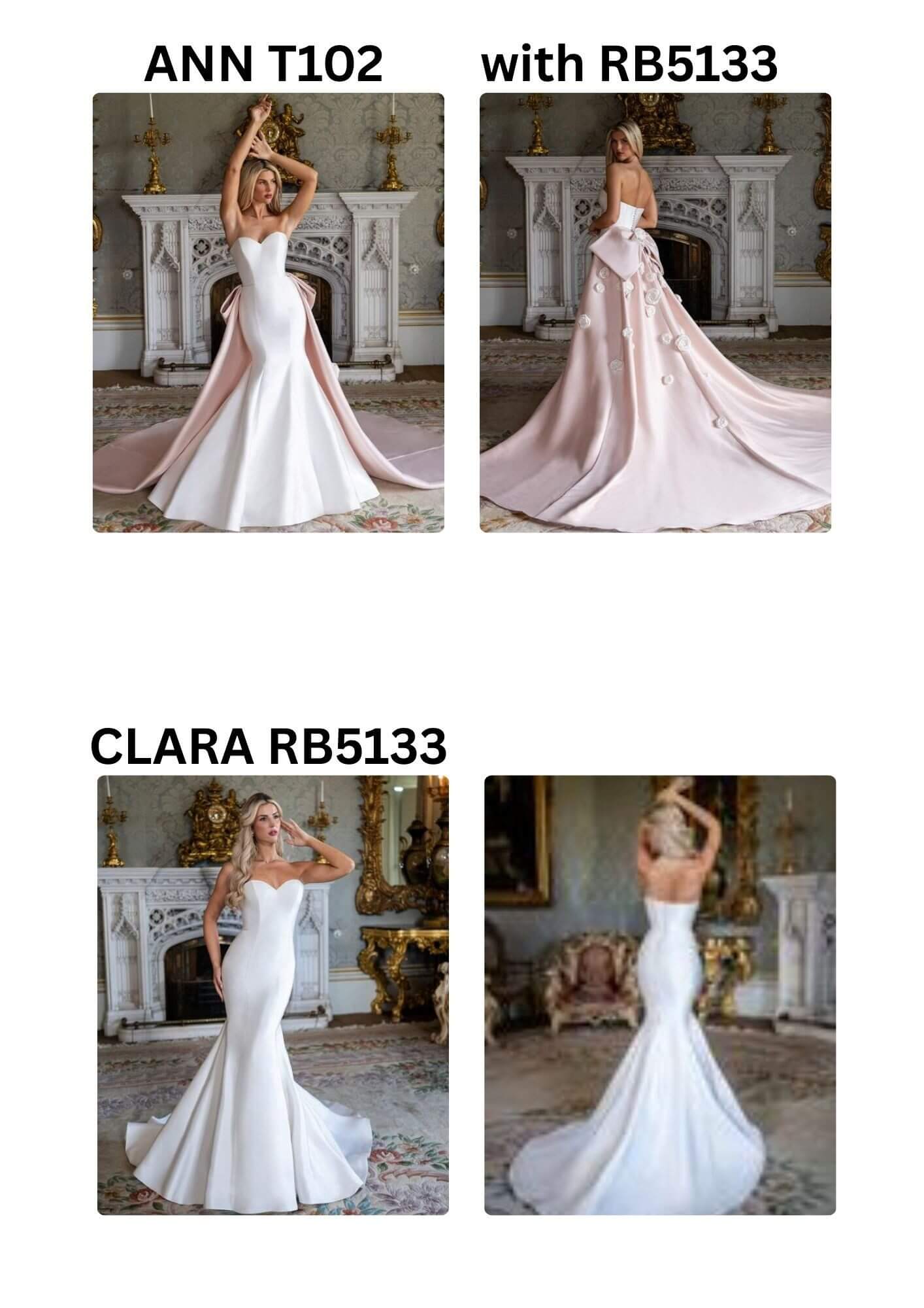 Elegant bridal gowns with flowing trains and intricate designs.